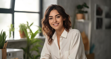 Beautiful smiling woman in white shirt sitting at her work desk. Generative Ai Illustration.