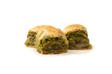Turkish pistachio baklava isolated on white background.