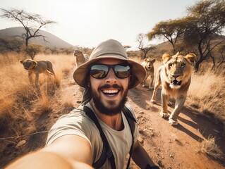 Urlaub in Afrika, glückliche Mann mit Selfie am Löwe, generative AI. - obrazy, fototapety, plakaty