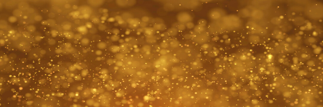 Blured golden glittering bokeh background. Panoramic header Web banner. 3d illustration render.