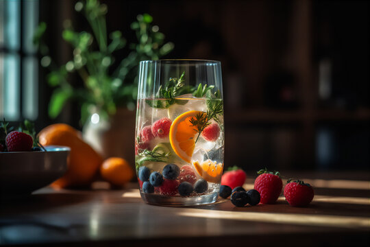 AI generative image of refreshing glass of clear water with fresh berries on the table in dramatic light
