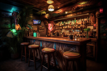 AI generative image of the interior of themed Tiki Bar with its polynesian culture.