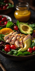 AI generative image of fresh colorful salad with meat, avocado and tomatoes in the bowl