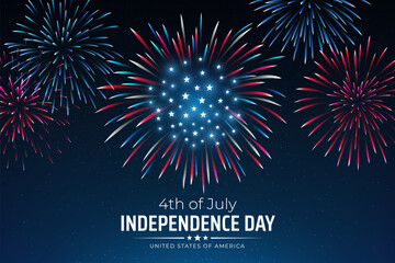 Banner 4th of july usa independence day, template with american colorful fireworks on dark sky background. Fourth of july, USA national holiday. Fireworks US flag. Vector illustration, poster