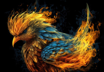 Obraz premium Fantastic bird phoenix in fiery flames on dark. AI generated