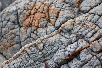 Rocks on a beach of Martinique island in the Caribbean sea. Grey and reddish volcanic or limestone...