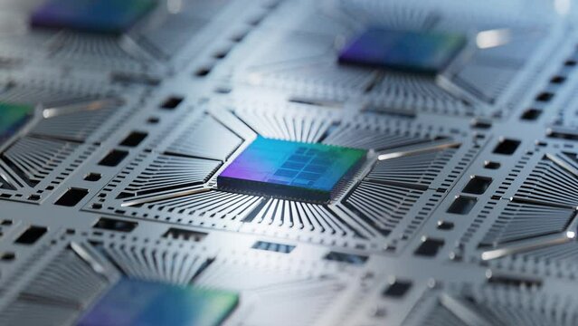 Close-up of Advanced Microchip with Colorful Reflections. Silicon Die Attached to Substrate during Computer Chip Manufacturing and Production at Fab. Semiconductor Packaging Process.
