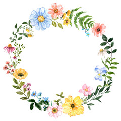 Circle wildflower wreath. Watercolor botanical frame featuring summer field flowers and greenery. Whimsical style painting. PNG clipart.