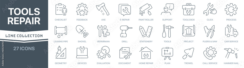 Poster Tools and repair linear signed icon collection. Signed thin line icons collection. Set of tools and repair simple outline icons