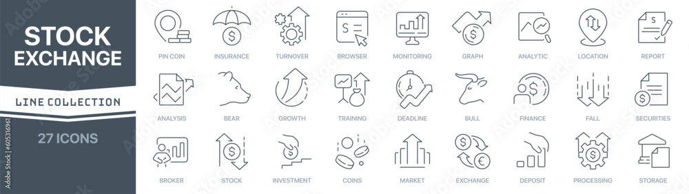 Aufkleber Stock exchange linear signed icon collection. Signed thin line icons collection. Set of stock exchange simple outline icons
