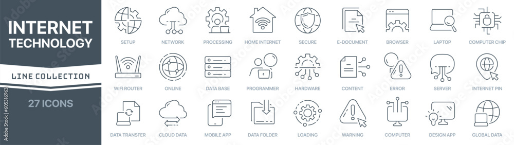 Poster Internet technology linear signed icon collection. Signed thin line icons collection. Set of internet technology simple outline icons