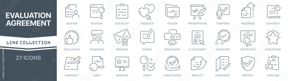 Fototapete evaluation and agreement linear signed icon collection. signed thin line icons collection. set of ev