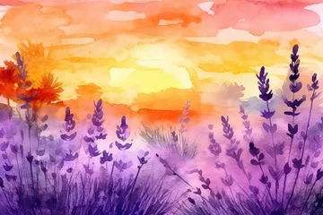 Selbstklebende Fototapeten Watercolor field of lavender flowers with a rural Provencal house in Provence, AI © yurakrasil