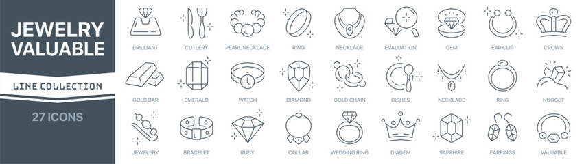 Jewelry and valuable linear signed icon collection. Signed thin line icons collection. Set of jewelry and valuable simple outline icons