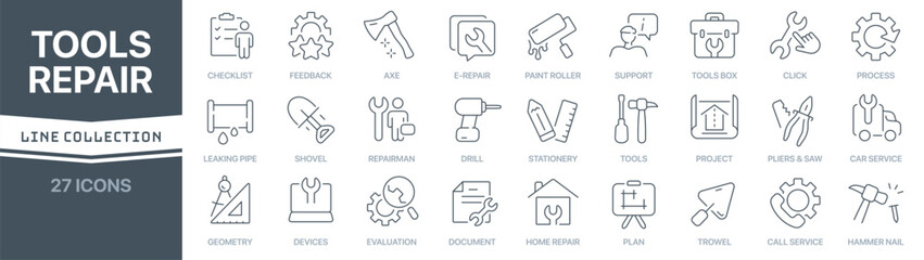 Tools and repair linear signed icon collection. Signed thin line icons collection. Set of tools and repair simple outline icons