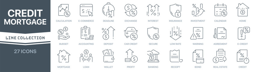 Credit and mortgage linear signed icon collection. Signed thin line icons collection. Set of credit and mortgage simple outline icons