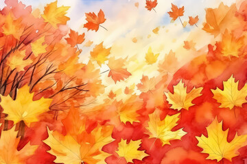 Beautiful seamless autumn pattern with watercolor colorful maple leaves. AI