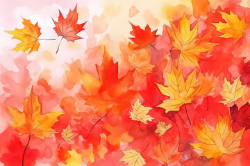 Naklejka na ściany i meble Beautiful seamless autumn pattern with watercolor colorful maple leaves. AI
