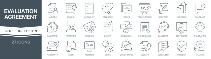 Evaluation and agreement linear signed icon collection. Signed thin line icons collection. Set of evaluation and agreement simple outline icons