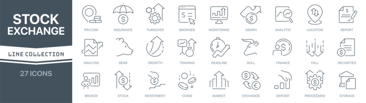 Stock exchange linear signed icon collection. Signed thin line icons collection. Set of stock exchange simple outline icons