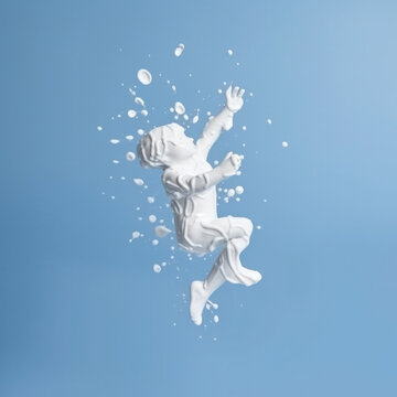 High-key photography captures the purity and freshness of white liquid splashing into the air against a vibrant blue background. AI Generative