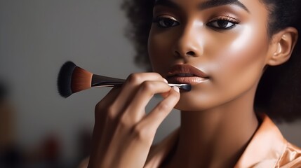 Fototapeta premium Close-up portrait of handsome young African woman, applying make up, holding a brush, pastel colors, clear dark skin, modern, skin care, sunlight from the window, bokeh background, AI Generated.