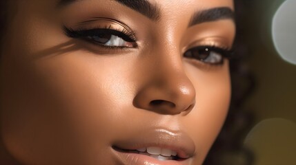 Close-up portrait of handsome young African woman, wearing make up, eyeliner, lipstick, pastel colors, clear dark skin, modern, skin care, sunlight from the window, bokeh background, AI Generated.