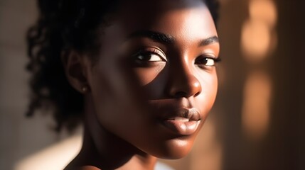 Close-up portrait of handsome young African American woman, wearing natural make up, pastel colors, clear dark skin, modern, skin care, sunlight from the window, bokeh background, AI Generated.