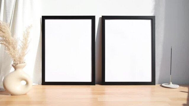 Two black photo frames video mockup with beige vases on wooden table