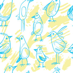 Cute birds. Vector seamless pattern. Trending illustrations for t-shirt prints, posters, labels, music covers.