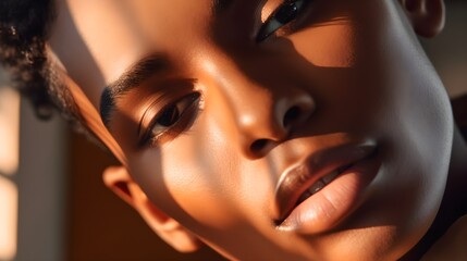 Close-up portrait of handsome young African man, gay, wearing make up, pastel colors, clear dark skin, modern, lgbt, sunlight from the window, AI Generated.