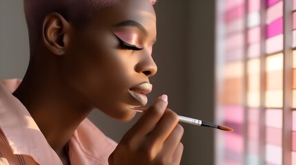 Closeup portrait of handsome young African man, visagist, with make up, wearing eyeshadow and eyeliner, non binary gender, feminine look, pastel colors, clear dark skin, modern, flowers, AI Generated.