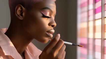 Fototapeta premium Closeup portrait of handsome young African man, visagist, with make up, wearing eyeshadow and eyeliner, non binary gender, feminine look, pastel colors, clear dark skin, modern, flowers, AI Generated.
