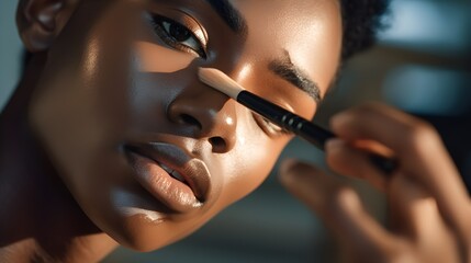 Obraz premium Closeup portrait of handsome young African man, visagist, with make up, wearing eyeshadow and eyeliner, non binary gender, feminine look, pastel colors, clear dark skin, modern, flowers, AI Generated.