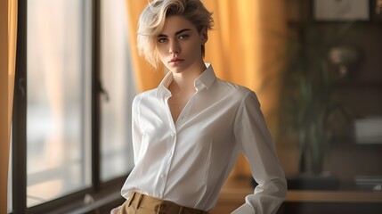 Young handsome transgender person looking at camera in office, blond dyed hair, non-binary gender, stylish formal clothes, pastel colors, business modern concept, AI Generated. - obrazy, fototapety, plakaty