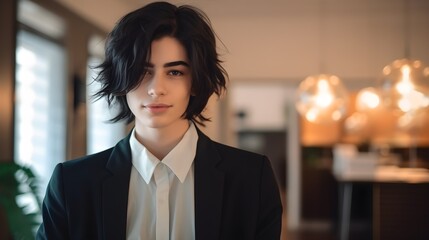 Young handsome transgender person looking at camera in office, dark hair, non-binary gender, stylish formal clothes, pastel colors, business modern concept, AI Generated. - obrazy, fototapety, plakaty