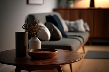 modern living room interior dark wood Scandinavian style. Generative ai edited 