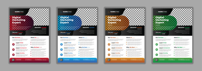 Modern business marketing A4 flyer design on four different color