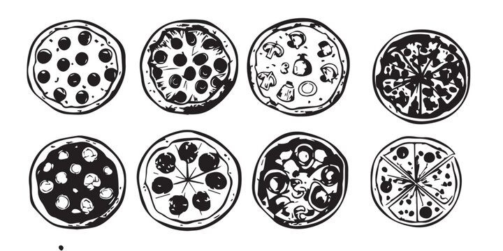 A black and white silhouette pizza vector set.