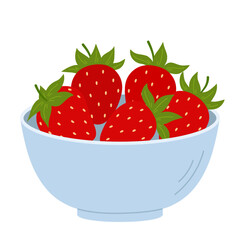 Strawberry in bowl. Ripe red berries in deep dish. Flat cartoon vector illustration isolated on a white background.