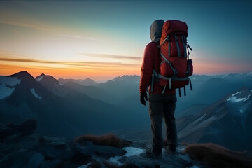 Adventurer hiking at sunset Mountaineer with backpack, Generative AI