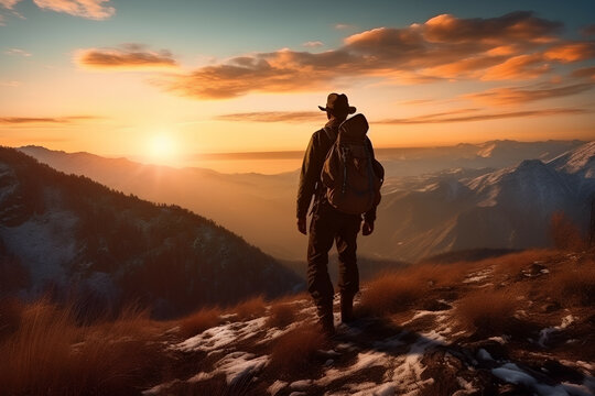 Adventurer hiking at sunset Mountaineer with backpack, Generative AI