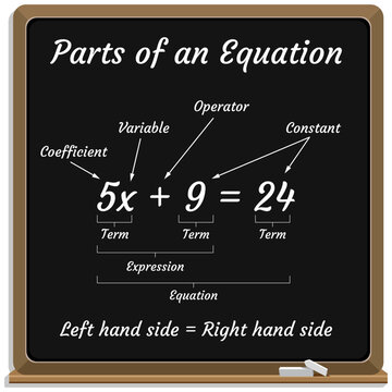 Parts of an Equation on a chalkboard. School. Math. Vector illustration.