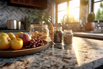 Naklejka premium Traditional Granite Kitchen Countertop - Copy Space for Food and Product Presentation - Generative AI