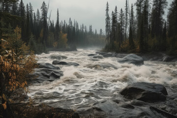 Fototapeta premium Stormy mountain river in the taiga. Generative AI.