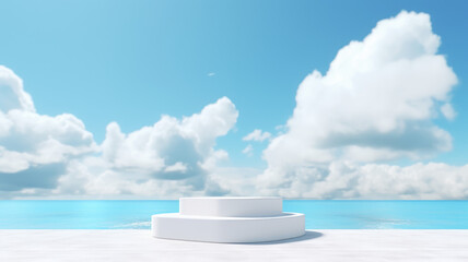 3d podium with copy space for product display presentation on palm beach abstract background. Tropical summer and vacation concept.