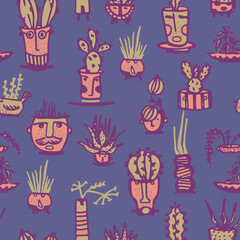 Fototapeta na wymiar Seamless pattern Color Ceramic pots with cactus comic faces. Different doodle emotions characters. Plant ceramics. Pottery vases trendy concept. Cartoon style. Hand drawn Vector illustration