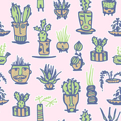 Seamless pattern. Stickers Ceramic pots with cactus comic faces. Different doodle emotions characters. Plant ceramics. Pottery vases trendy concept. Cartoon style. Hand drawn Vector illustration
