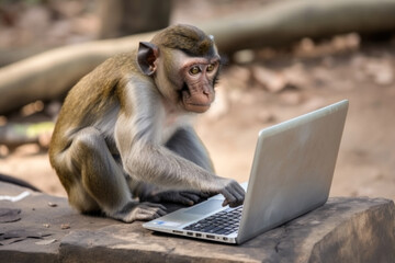 Monkey using laptop computer, generative ai