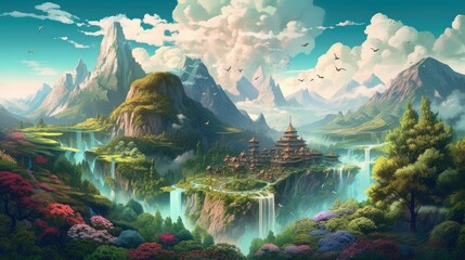 A Colorful Fantasy World Landscape Wallpaper Generative AI